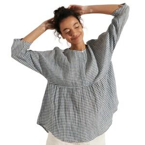 Lintico Caroline Linen Cotton Gingham Empire Waist Babydoll Top Navy White Small